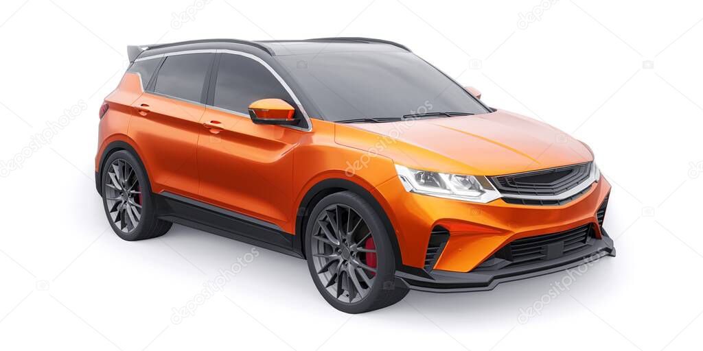 Orange sports compact car SUV. 3d render illustrration.