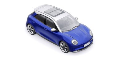 Mavi, şirin, elektrikli hatchback araba. 3B illüstrasyon