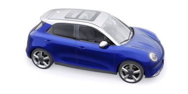 Mavi, şirin, elektrikli hatchback araba. 3B illüstrasyon
