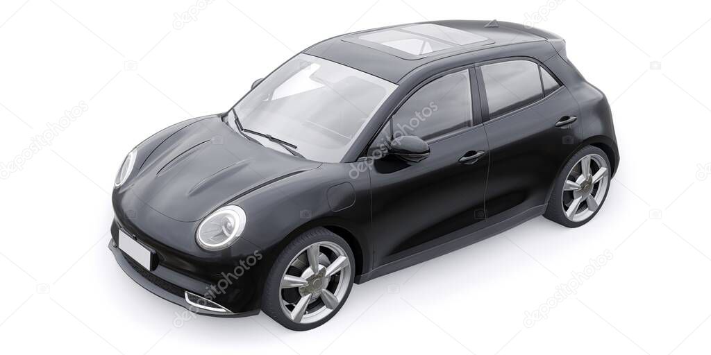 Black cute little electric hatchback car. 3D illustration