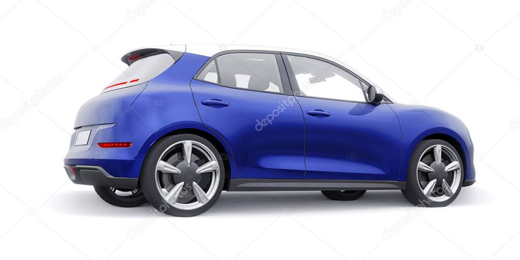 Blue cute little electric hatchback car. 3D illustration