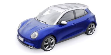 Mavi, şirin, elektrikli hatchback araba. 3B illüstrasyon