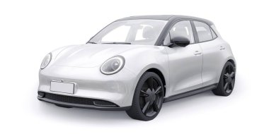 Beyaz, şirin, elektrikli hatchback araba. 3B illüstrasyon