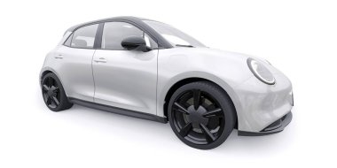 Beyaz, şirin, elektrikli hatchback araba. 3B illüstrasyon