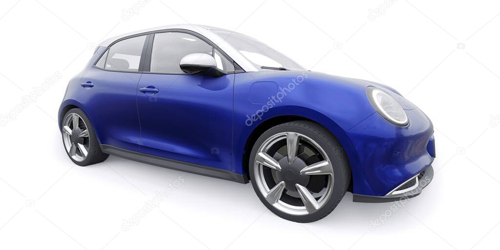Blue cute little electric hatchback car. 3D illustration