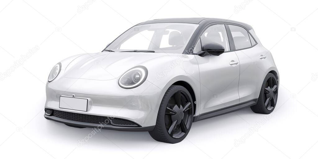 White cute little electric hatchback car. 3D illustration