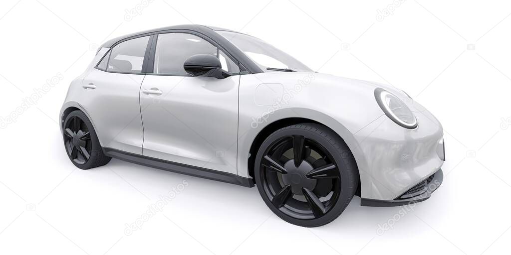 White cute little electric hatchback car. 3D illustration
