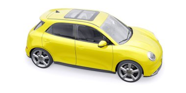 Sarı, şirin elektrikli hatchback araba. 3B illüstrasyon