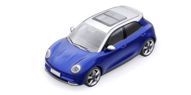 Mavi, şirin, elektrikli hatchback araba. 3B illüstrasyon