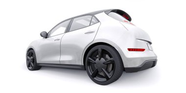 Beyaz, şirin, elektrikli hatchback araba. 3B illüstrasyon