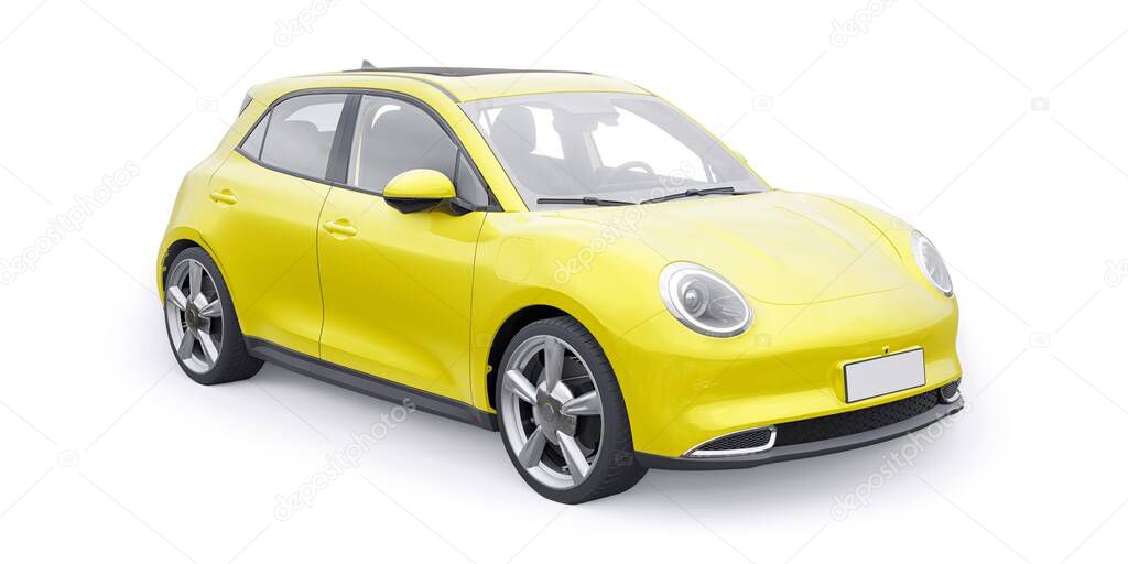 Yellow cute little electric hatchback car. 3D illustration