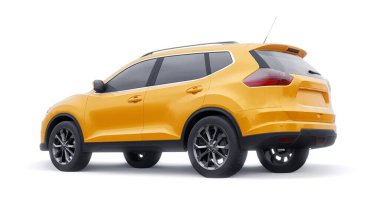 Beyaz arka planda sarı, orta büyüklükteki aile arazi aracı. 3B illüstrasyon