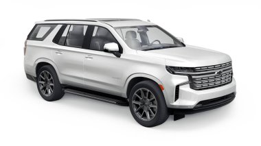 Tula, Rusya. 4 Kasım 2021 Chevrolet Tahoe beyaz lüks araba beyaz arka planda izole edildi. 3d illüstrasyon