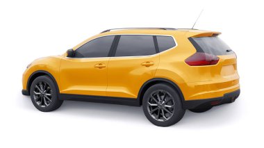 Beyaz arka planda sarı, orta büyüklükteki aile arazi aracı. 3B illüstrasyon