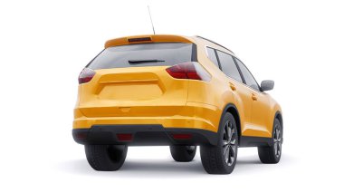 Beyaz arka planda sarı, orta büyüklükteki aile arazi aracı. 3B illüstrasyon