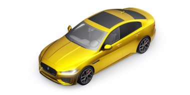Tula, Rusya. 3 Şubat 2022: Jaguar XE R Dynamic 2020. Sarı birinci sınıf spor sedan. 3B illüstrasyon.