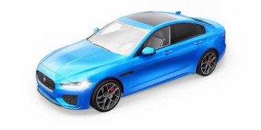 Tula, Rusya. 3 Şubat 2022: Jaguar XE R Dynamic 2020. Blue Premium spor sedan. 3B illüstrasyon.