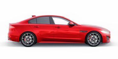 Tula, Rusya. 3 Şubat 2022: Jaguar XE R Dynamic 2020. Kırmızı birinci sınıf spor sedan. 3B illüstrasyon.