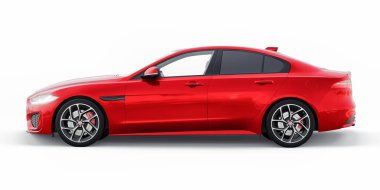 Tula, Rusya. 3 Şubat 2022: Jaguar XE R Dynamic 2020. Kırmızı birinci sınıf spor sedan. 3B illüstrasyon.