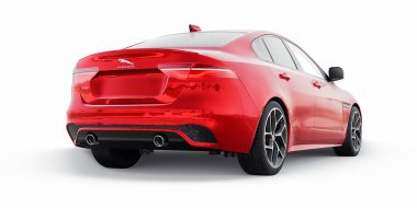 Tula, Rusya. 3 Şubat 2022: Jaguar XE R Dynamic 2020. Kırmızı birinci sınıf spor sedan. 3B illüstrasyon.