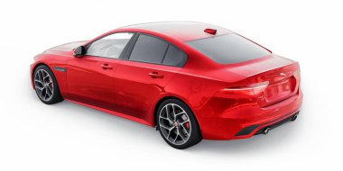 Tula, Rusya. 3 Şubat 2022: Jaguar XE R Dynamic 2020. Kırmızı birinci sınıf spor sedan. 3B illüstrasyon.