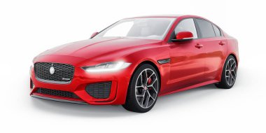 Tula, Rusya. 3 Şubat 2022: Jaguar XE R Dynamic 2020. Kırmızı birinci sınıf spor sedan. 3B illüstrasyon.