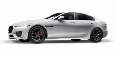 Tula, Rusya. 3 Şubat 2022: Jaguar XE R Dynamic 2020. Beyaz birinci sınıf spor sedan. 3B illüstrasyon.