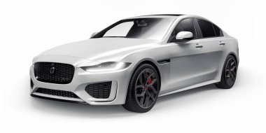 Tula, Rusya. 3 Şubat 2022: Jaguar XE R Dynamic 2020. Beyaz birinci sınıf spor sedan. 3B illüstrasyon.
