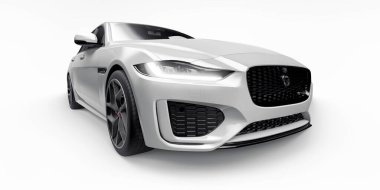 Tula, Rusya. 3 Şubat 2022: Jaguar XE R Dynamic 2020. Beyaz birinci sınıf spor sedan. 3B illüstrasyon.