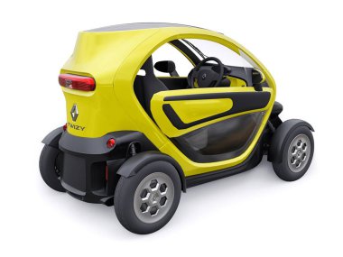 Tula, Rusya. 30 Ocak 2022: Renault Twizy ZE 2015: İki yolcu için Sarı Süper kompakt elektrikli şehir arabası. 3B illüstrasyon.