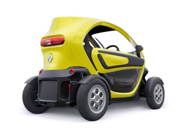 Tula, Rusya. 30 Ocak 2022: Renault Twizy ZE 2015: İki yolcu için Sarı Süper kompakt elektrikli şehir arabası. 3B illüstrasyon.