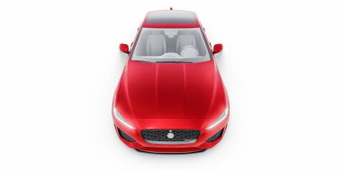 Tula, Rusya. 3 Şubat 2022: Jaguar XE R Dynamic 2020. Kırmızı birinci sınıf spor sedan. 3B illüstrasyon.