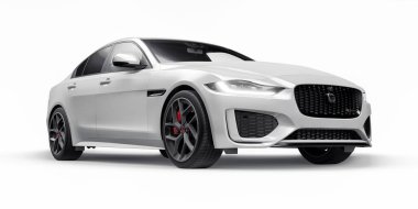 Tula, Rusya. 3 Şubat 2022: Jaguar XE R Dynamic 2020. Beyaz birinci sınıf spor sedan. 3B illüstrasyon.