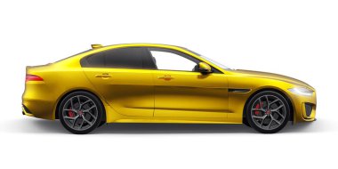 Tula, Rusya. 3 Şubat 2022: Jaguar XE R Dynamic 2020. Sarı birinci sınıf spor sedan. 3B illüstrasyon.