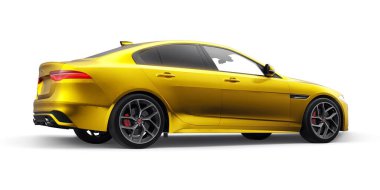 Tula, Rusya. 3 Şubat 2022: Jaguar XE R Dynamic 2020. Sarı birinci sınıf spor sedan. 3B illüstrasyon.