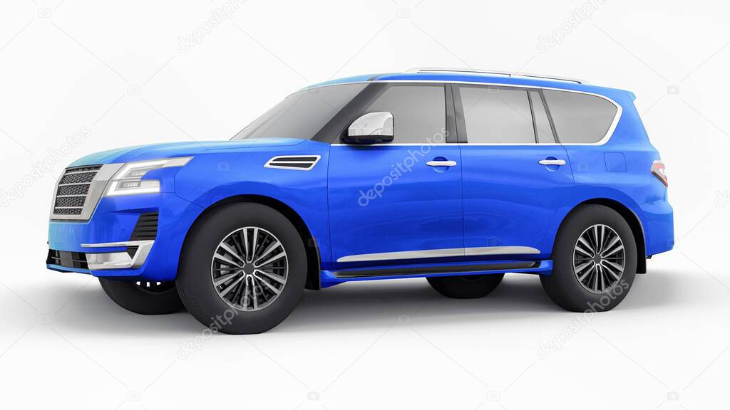 Blue Premium Family SUV car isolated on white background. 3d rendering.