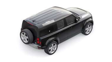 Tula, Rusya. 16 Şubat 2022: Land Rover Defender 2020. Kırsal alanlar ve açık hava aktiviteleri için Dlack Expedition SUV. 3d hazırlayıcı.