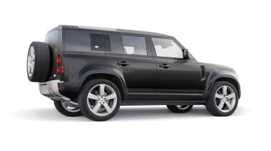 Tula, Rusya. 16 Şubat 2022: Land Rover Defender 2020. Kırsal alanlar ve açık hava aktiviteleri için Dlack Expedition SUV. 3d hazırlayıcı.