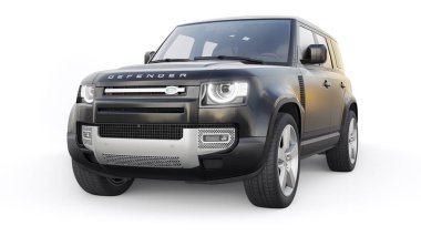 Tula, Rusya. 16 Şubat 2022: Land Rover Defender 2020. Kırsal alanlar ve açık hava aktiviteleri için Dlack Expedition SUV. 3d hazırlayıcı.