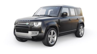 Tula, Rusya. 16 Şubat 2022: Land Rover Defender 2020. Kırsal alanlar ve açık hava aktiviteleri için Dlack Expedition SUV. 3d hazırlayıcı.