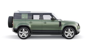 Tula, Rusya. 16 Şubat 2022: Land Rover Defender 2020. Kırsal bölgeler ve açık hava aktiviteleri için keşif aracı. 3d hazırlayıcı.