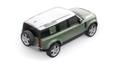 Tula, Rusya. 16 Şubat 2022: Land Rover Defender 2020. Kırsal bölgeler ve açık hava aktiviteleri için keşif aracı. 3d hazırlayıcı.