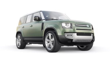 Tula, Rusya. 16 Şubat 2022: Land Rover Defender 2020. Kırsal bölgeler ve açık hava aktiviteleri için keşif aracı. 3d hazırlayıcı.
