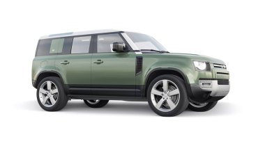 Tula, Rusya. 16 Şubat 2022: Land Rover Defender 2020. Kırsal bölgeler ve açık hava aktiviteleri için keşif aracı. 3d hazırlayıcı.