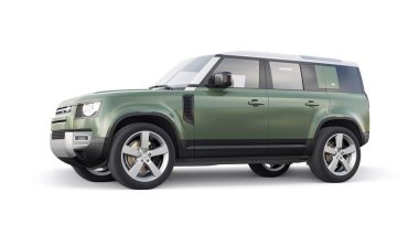 Tula, Rusya. 16 Şubat 2022: Land Rover Defender 2020. Kırsal bölgeler ve açık hava aktiviteleri için keşif aracı. 3d hazırlayıcı.