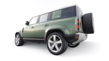 Tula, Rusya. 16 Şubat 2022: Land Rover Defender 2020. Kırsal bölgeler ve açık hava aktiviteleri için keşif aracı. 3d hazırlayıcı.