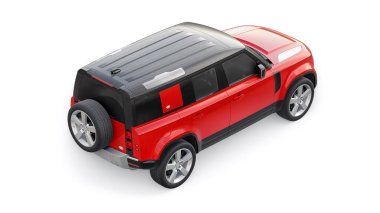 Tula, Rusya. 16 Şubat 2022: Land Rover Defender 2020. Kırsal bölgeler ve açık hava aktiviteleri için kırmızı arazi aracı. 3d hazırlayıcı.