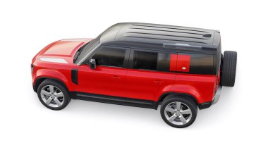 Tula, Rusya. 16 Şubat 2022: Land Rover Defender 2020. Kırsal bölgeler ve açık hava aktiviteleri için kırmızı arazi aracı. 3d hazırlayıcı.
