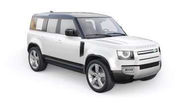 Tula, Rusya. 16 Şubat 2022: Land Rover Defender 2020. Kırsal bölgeler ve açık hava aktiviteleri için keşif aracı. 3d hazırlayıcı.