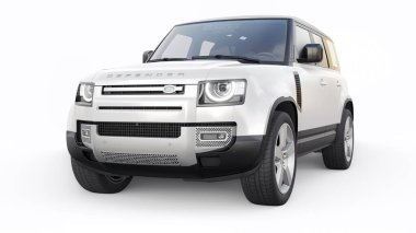 Tula, Rusya. 16 Şubat 2022: Land Rover Defender 2020. Kırsal bölgeler ve açık hava aktiviteleri için keşif aracı. 3d hazırlayıcı.